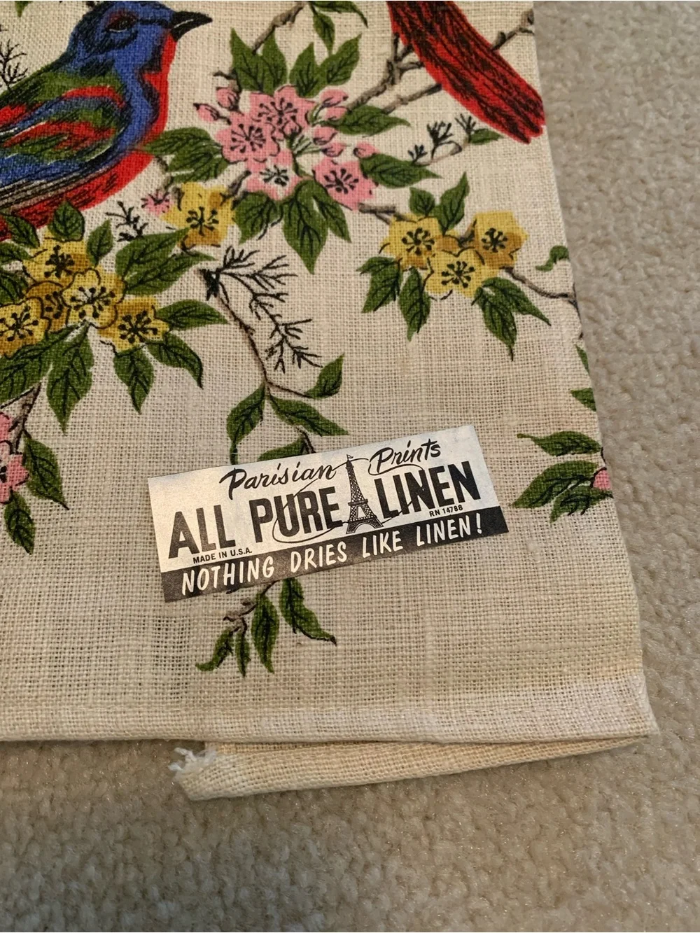 Vintage NWT MCM “Parisian Prints” Pure Linen Tea Dish Towel Cardinal Birds